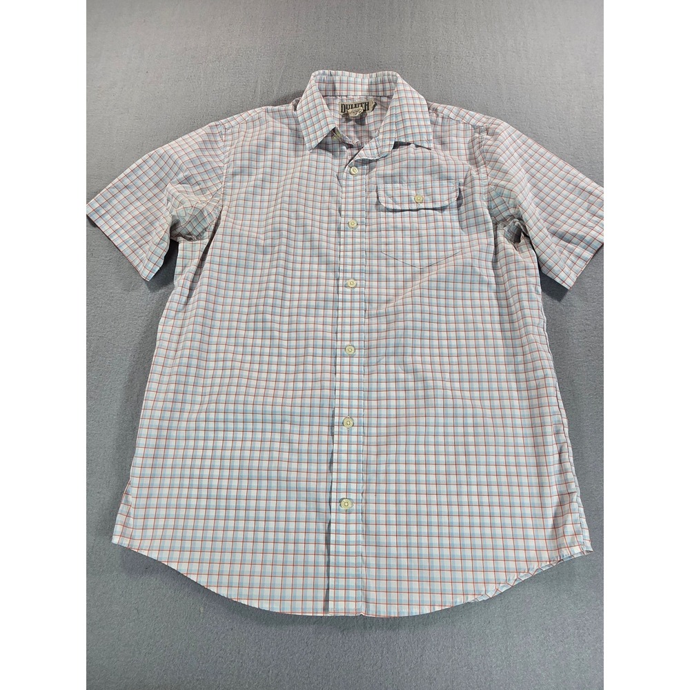 Duluth Trading Co Button Down Shirt Mens Medium Blue Orange Plaid Short Sleeve